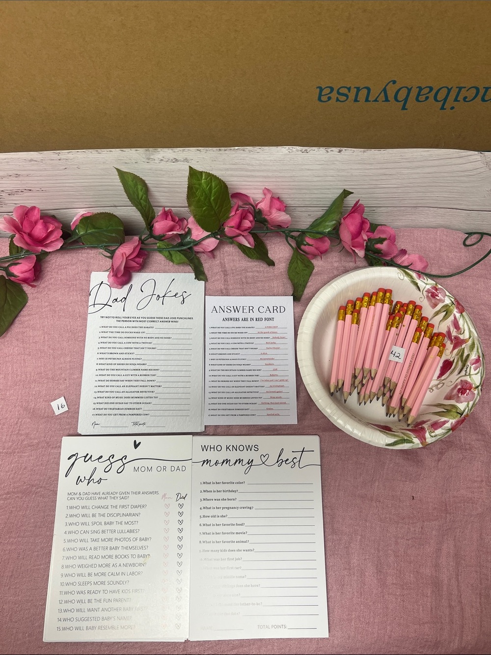Pink Baby Shower Game Set with Pink Pencils